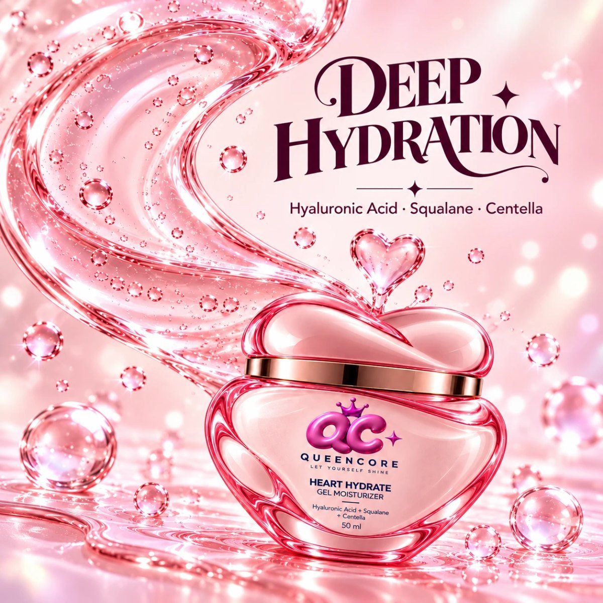 QueenCore concept image ad: a heart-shaped gel moisturizer in a swirl of pink gel, headline Deep hydration