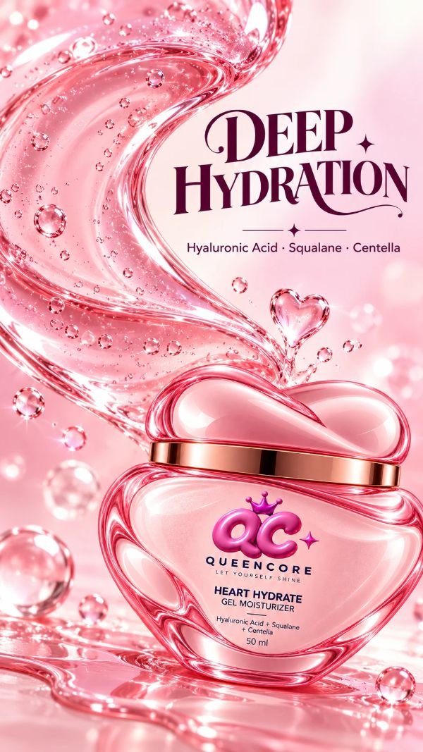 QueenCore concept image ad: a heart-shaped gel moisturizer in a swirl of pink gel, headline Deep hydration