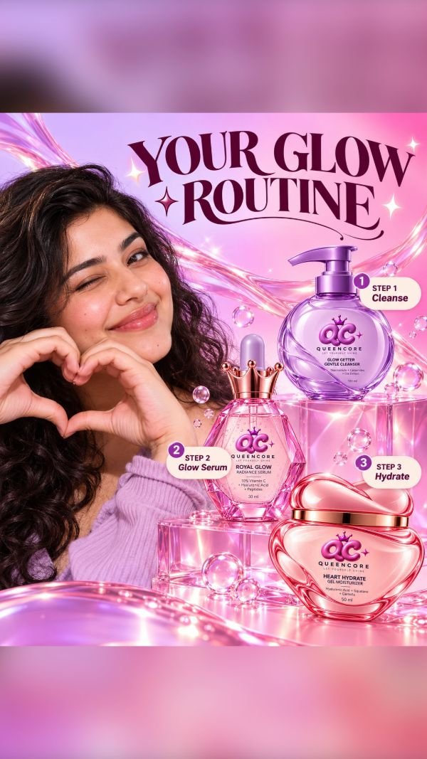 QueenCore concept image ad: a winking woman making a heart with her hands beside three skincare products