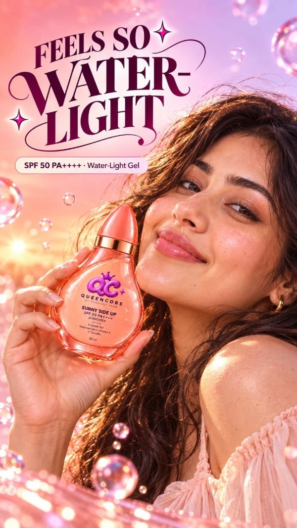 QueenCore concept image ad: a smiling woman holding a Sunny Side Up sunscreen bottle, headline Feels so water-light