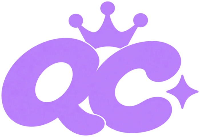 QueenCore logo: a soft purple QC monogram wearing a crown, with a sparkle