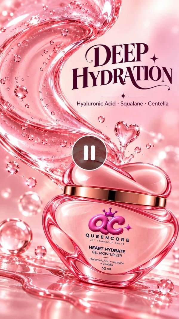QueenCore concept ad: a heart-shaped gel moisturizer in a swirl of pink gel, headline "Deep hydration"