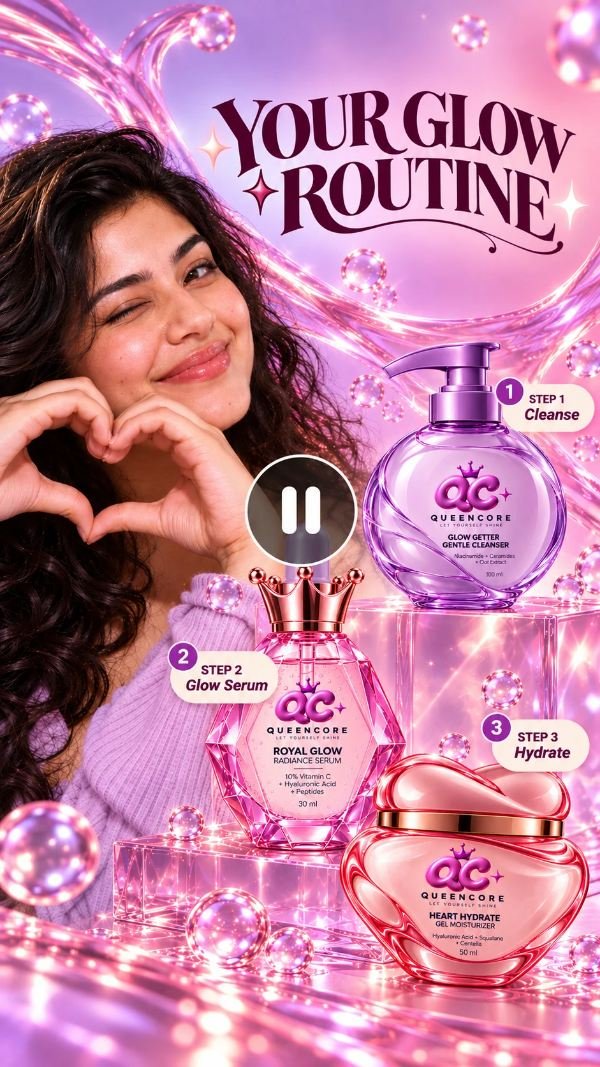 QueenCore concept ad: a winking woman making a heart with her hands beside three skincare products, headline "Your glow routine"