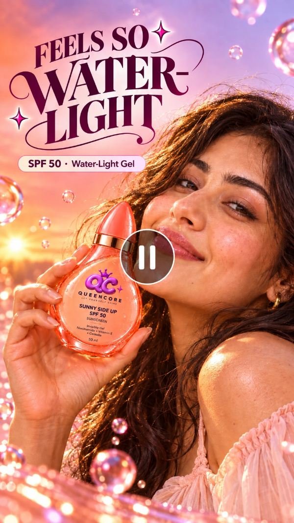 QueenCore concept ad: a smiling woman holding a Sunny Side Up sunscreen bottle, headline "Feels so water-light"